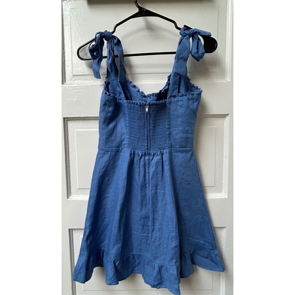 Reformation Desiree Linen Mini Dress Blue Ruffle Sweetheart Size 4 - Picture 6 of 9